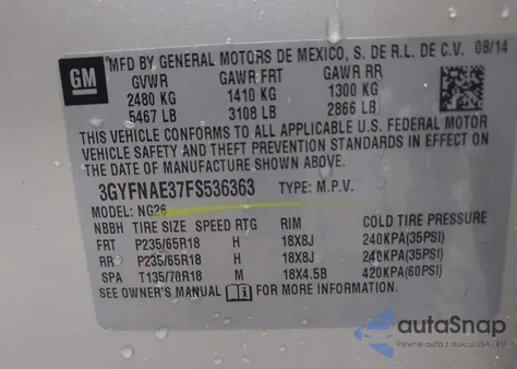 2015 Cadillac Srx z USA, uszkodzony, nr VIN 3GYFNAE37FS536363